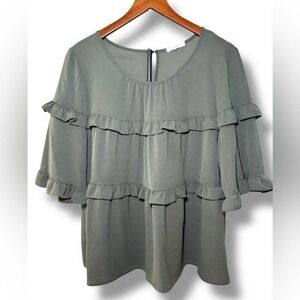 Pleione Green Textured Ruffle Top‎ Size Large EUC